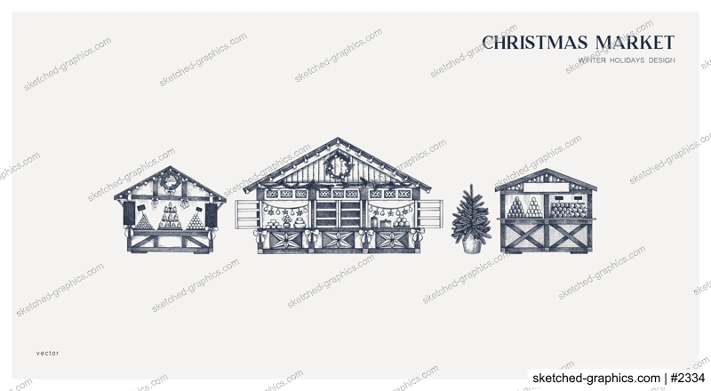 Christmas market card or invitation design. Hand drawn vector illustration. Holiday marketplace, wooden stall, mulled wine, candy shop sketch