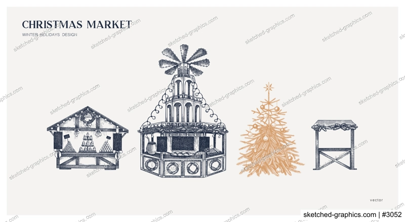 Christmas market card or invitation design. Hand drawn vector illustration. Holiday marketplace, wooden stall, mulled wine, candy shop  sketch