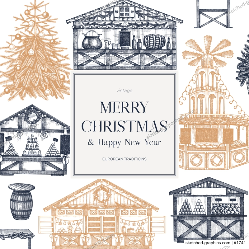 Vintage Christmas card or invitation template. Traditional European architecture. Christmas market with souvenir stalls, Christmas tree, fast food, candy shops sketches. Winter holidays background. 
