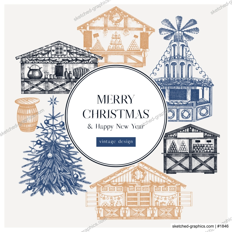 Vintage Christmas card or invitation template. Traditional European architecture. Christmas market with souvenir stalls, Christmas tree, fast food, candy shops sketches. Winter holidays background. 