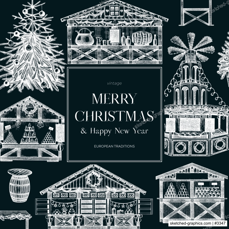 Christmas card template. Traditional European architecture on chalkboard. Christmas market with souvenir stalls, Christmas tree, fast food, candy shops sketches. Winter holidays fair background. 