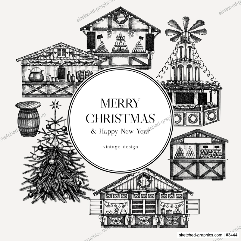 Vintage Christmas card or invitation template. Traditional European architecture. Christmas market with souvenir stalls, Christmas tree, fast food, candy shops sketches. Winter holidays background. 