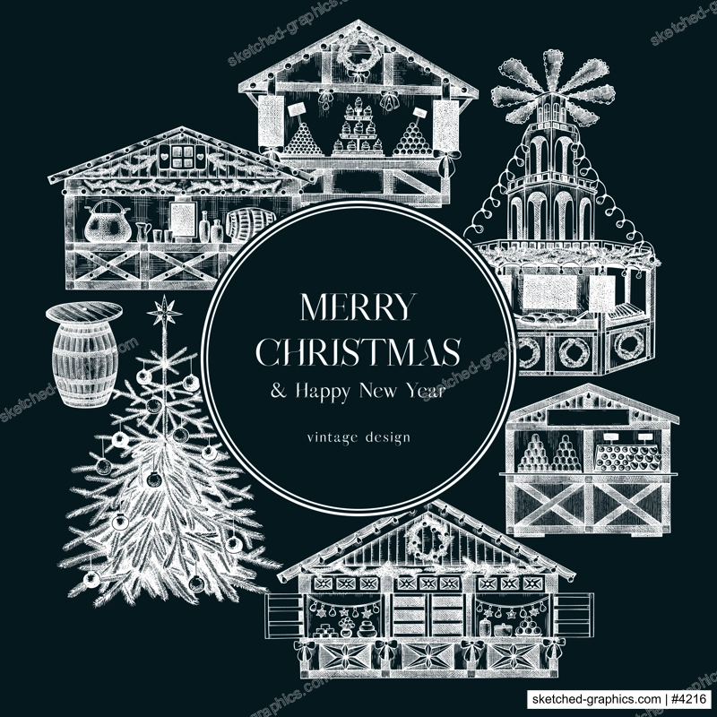 Vintage Christmas card or invitation template. European architecture on chalkboard. Christmas market with souvenir stalls, Christmas tree, fast food, candy shops sketches. Winter holidays background. 