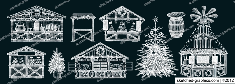 Christmas market design elements. Hand drawn vector illustration. Traditional winter holiday marketplace on chalkboard. Wooden stall kiosk, Christmas tree, candy shop, bakery, mulled wine sketches