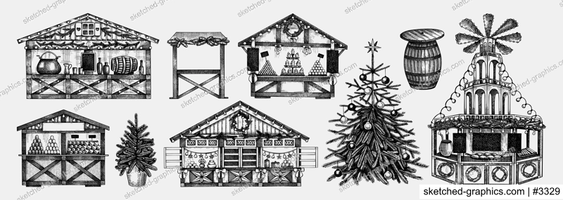 Christmas market design elements. Hand drawn vector illustration. Traditional winter holiday marketplace. Wooden stall kiosk, Christmas tree, candy shop, bakery, fast food, mulled wine sketches