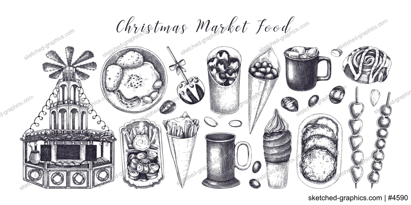 Christmas market design elements. Hand drawn vector illustration. Traditional winter holiday marketplace. Wooden stall kiosk.  Bakery, fast food, mulled wine, sweets sketches