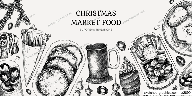 Traditional European Christmas market food background. Fast food menu design elements. Vintage hand-drawn vector illustration. Pastries, sweets, grilled sausages, hot drinks, raclette sketches.