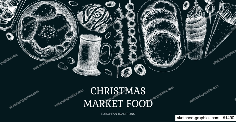 Traditional European Christmas market food banner. Fast food menu design elements. Vintage hand-drawn vector illustration. Pastry, sweets, grilled sausages, hot drinks sketches. Christmas on chalkboar