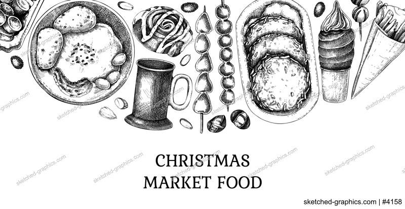 Traditional European Christmas market food banner. Fast food menu design elements. Vintage hand-drawn vector illustration. Pastry, sweets, grilled sausages, hot drinks sketches. Christmas street food