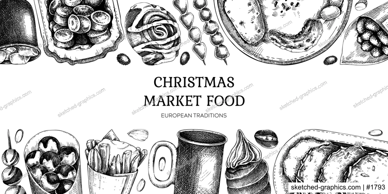Traditional European Christmas market food border. Fast food menu design elements. Vintage hand-drawn vector illustration. Pastry, sweets, grilled sausages, hot drinks sketches. Christmas background