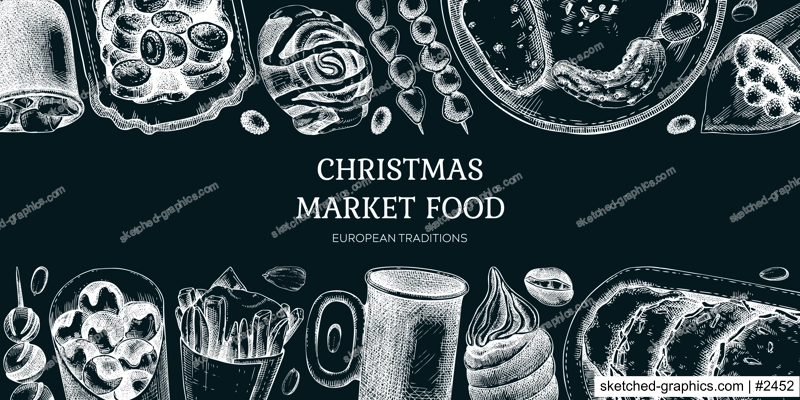 Traditional European Christmas market food border. Fast food menu design elements. Vintage hand-drawn vector illustration. Pastries, sweets, grilled sausages, donuts, hot drinks sketches on chalkboard