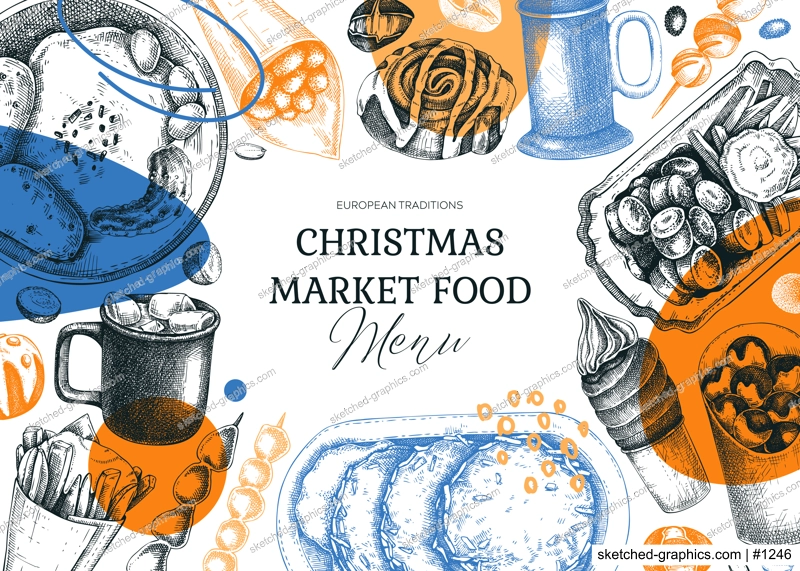 Collage style street food and drink background. European Christmas market pastries, sweets, grilled meat, raclette, hot drinks sketches. Hand-drawn vector illustration. Fast food trendy menu design