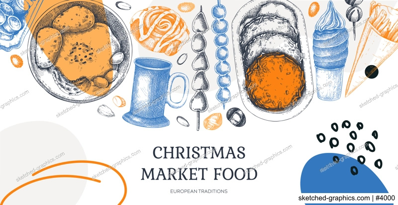 Collage style Christmas background. Traditional European Christmas market food design. Fast food menu. Vintage hand-drawn vector illustration. Mulled wine, raclette, grilled sausages, pastries sketche