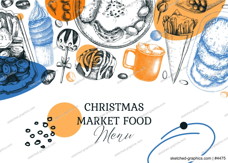 Collage style Christmas background. Traditional European Christmas market food design. Fast food menu. Vintage hand-drawn vector illustration. Mulled wine, raclette, grilled sausages, pastries sketch