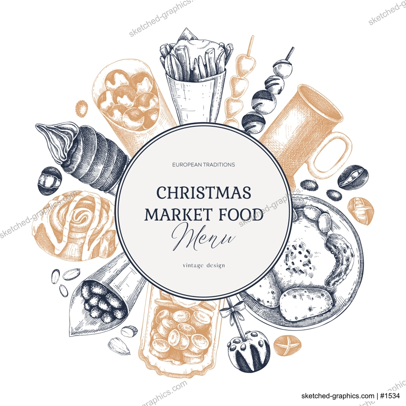 Christmas market food menu design. Hand-drawn vector illustration. Mulled wine, sweets, raclette, French fries, pastries, grilled sausages, roasted almond sketches. European Christmas fair wreath