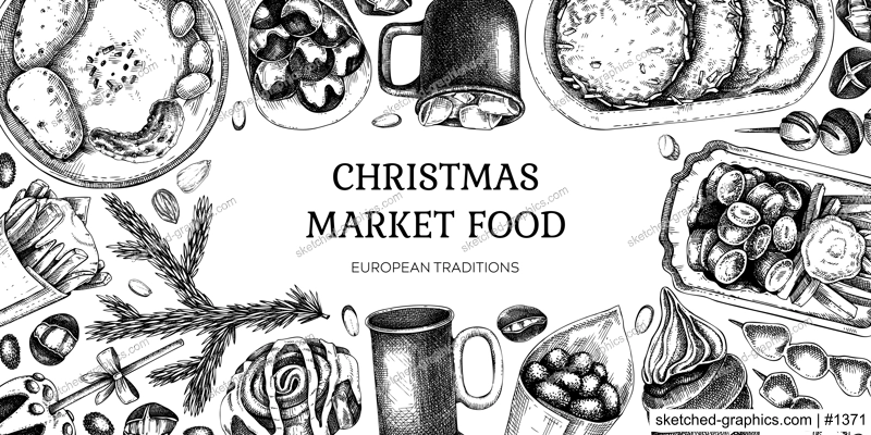 Traditional European Christmas market food background. Fast food menu design. Vintage hand-drawn vector illustration. Pastries, sweets, grilled meat, raclette, hot drinks sketches. Street food frame