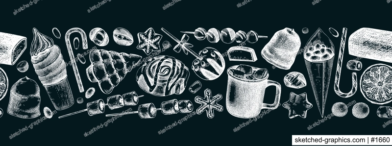 Christmas food background. Christmas market design template. Hand-drawn vector illustration. Hot drinks, candies, cookies, pastries sketches. Winter holiday menu border on chalkboard. Seamless pattern