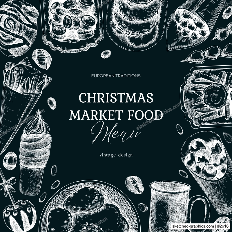 Christmas market food menu design. Hand-drawn vector illustration. Mulled wine, raclette, French fries, pastries, grilled sausages, pancakes sketches. European Christmas fair frame on chalkboard