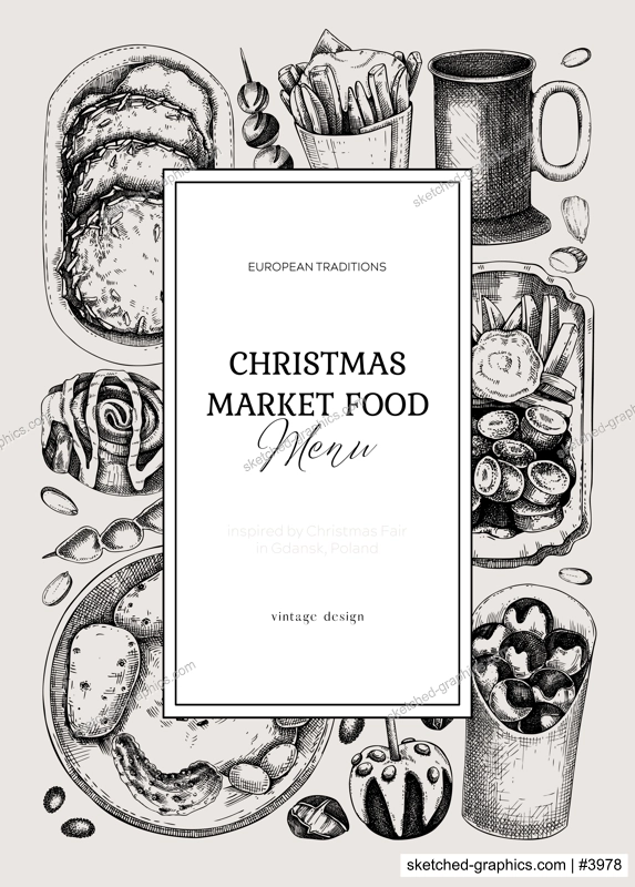 Christmas market food menu design. Hand-drawn vector illustration. Mulled wine, sweets, raclette, French fries, pastries, grilled sausages sketches. European Christmas fair frame, invitation, card