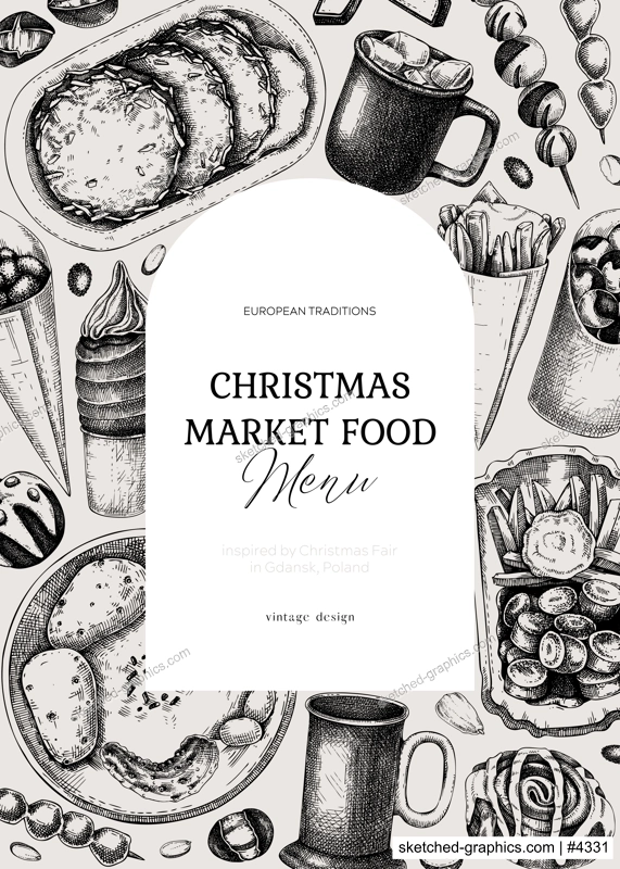 Street food and drink menu design. Christmas market food -  pastries, sweets, grilled meat, raclette, hot drinks fast food sketches. Hand-drawn vector illustration. Christmas invitation card