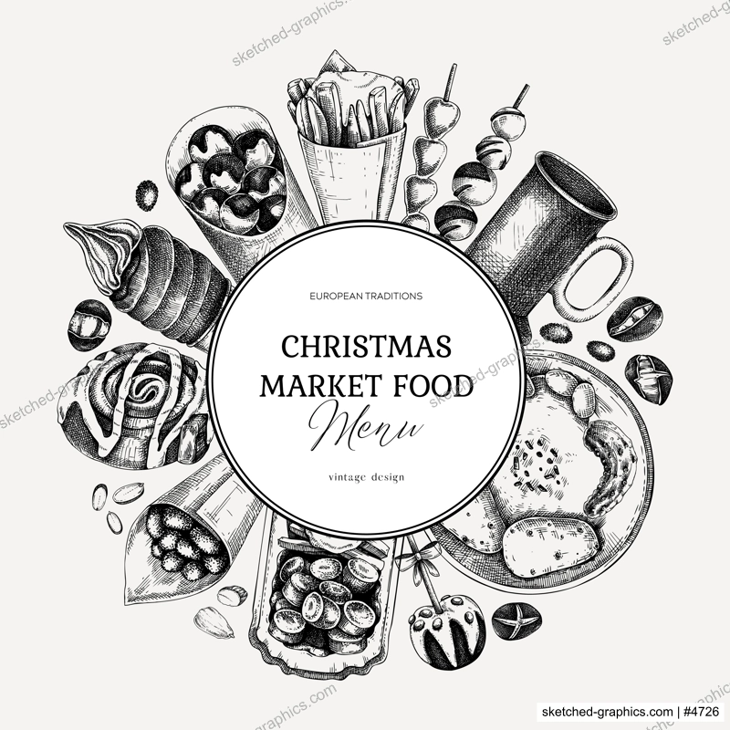 Christmas market food menu design. Hand-drawn vector illustration. Mulled wine, sweets, raclette, French fries, pastries, grilled sausages, roasted almond sketches. European Christmas fair wreath