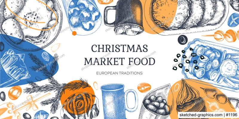 Traditional European Christmas market food sketches collection. Fast food menu design elements. Vintage hand-drawn vector illustration. Bakery, pastry, sweets, grilled meat, hot drinks sketches.