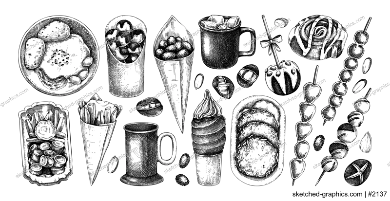 Traditional European Christmas market food sketches collection. Fast food menu design elements. Vintage hand-drawn vector illustration. Bakery, pastry, sweets, grilled meat, hot drinks sketches.