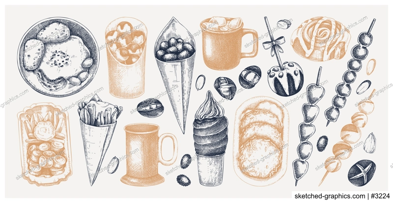 Traditional European Christmas market food sketches collection. Fast food menu design elements. Vintage hand-drawn vector illustration. Bakery, pastry, sweets, grilled meat, hot drinks sketches.