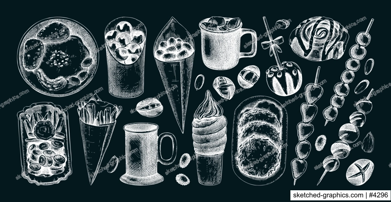 Traditional European Christmas market food sketches collection. Fast food menu design elements. Hand-drawn vector illustration on chalkboard. Bakery, pastry, sweets, grilled meat, hot drinks sketches.