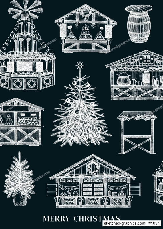Christmas market frame design on chalkboard. Traditional European Christmas market with souvenir stalls, Christmas tree, candy shops sketches. Winter holidays invitation or greeting card template.