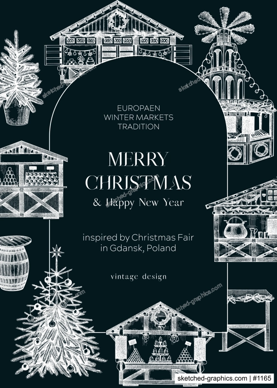 Christmas market frame design on chalkboard. Traditional European Christmas market with souvenir stalls, Christmas tree, candy shops sketches. Winter holidays invitation or greeting card template.