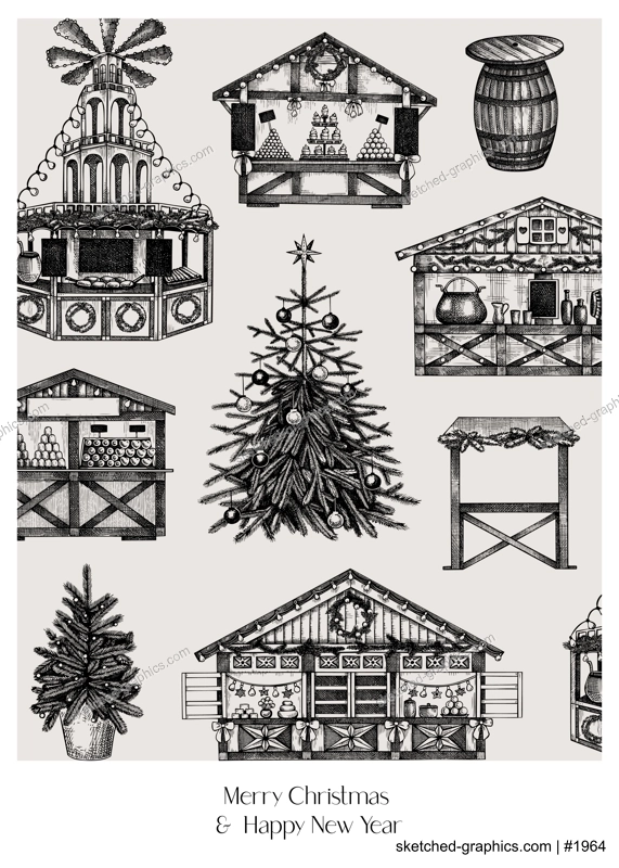 Christmas market frame design. Traditional European Christmas market with souvenir stalls, Christmas tree, candy shops sketches. Winter holidays invitation or greeting card template.