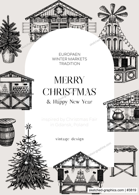 Christmas market frame design. Traditional European Christmas market with souvenir stalls, Christmas tree, candy shops sketches. Winter holidays invitation or greeting card template.