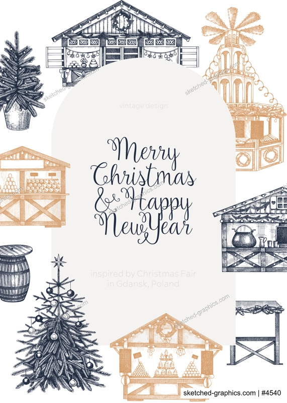 Christmas market frame design. Traditional European Christmas market with souvenir stalls, Christmas tree, candy shops sketches. Winter holidays invitation or greeting card template.