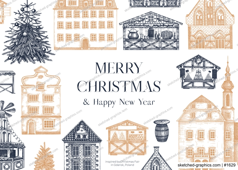 Vintage Christmas frame design. Architecture sketch. European fair background. Christmas market hand-drawn vector illustration. NOT AI generated