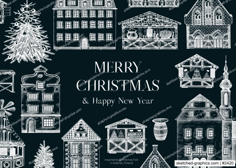 Vintage Christmas frame design. Architecture sketch on chalkboard. European fair background. Christmas market hand-drawn vector illustration. NOT AI generated