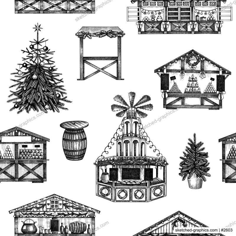 Christmas market Background. Hand drawn vector illustration. European holiday marketplace design. Vintage fair seamless pattern. Christmas tree, wooden stall kiosk, mulled wine sketches 