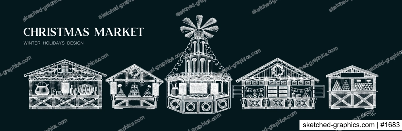 Christmas market sketches set. Hand drawn vector illustration. Holiday marketplace design elements on chalkboard. Wooden stall kiosk, candy shop, bakery, fast food, mulled wine drawings
