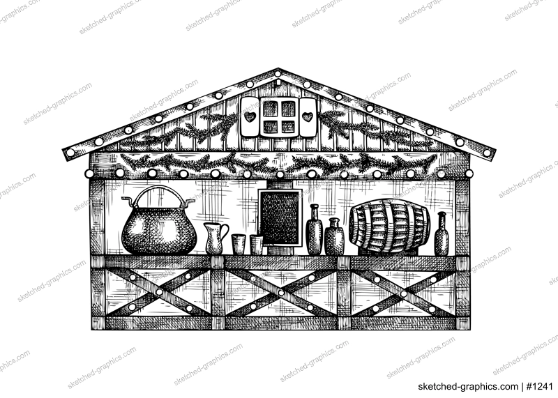 Christmas market stall kiosk sketch. Hand-drawn vector illustration. Traditional winter Christmas fair marketplace.  Wooden booth candy shop with hot drinks, mulled wine, garlands decoration