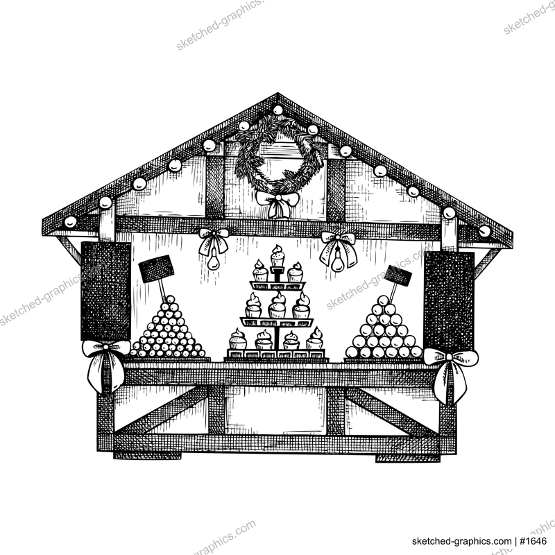 Christmas market stall kiosk sketch. Hand-drawn vector illustration. Traditional winter Christmas fair marketplace.  Wooden booth candy shop with sweets, garlands decoration, Christmas wreaths.