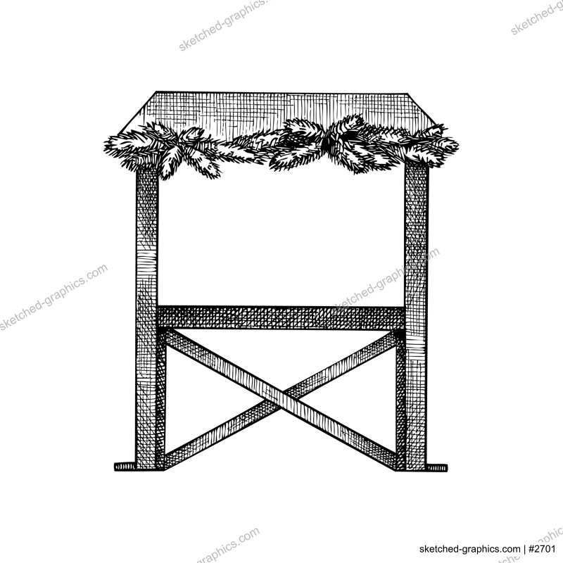 Christmas market stall kiosk sketch. Hand-drawn vector illustration. Traditional winter Christmas fair marketplace.  Wooden booth with table for fast food, garlands decoration,