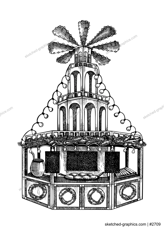 Christmas market stall kiosk sketch. Hand-drawn vector illustration. Traditional winter Christmas fair marketplace.  Wooden booth candy shop with fast food, garlands decoration, Christmas wreaths.