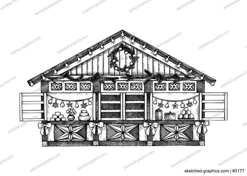 Christmas market stall kiosk sketch. Hand-drawn vector illustration. Traditional winter Christmas fair marketplace.  Wooden booth candy shop with sweets, garlands decoration, Christmas wreaths.