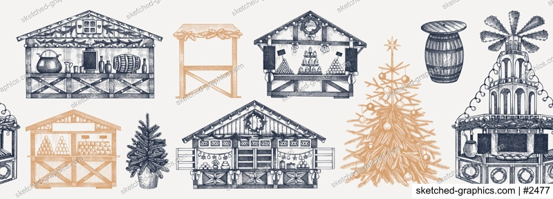 Christmas market stall sketches. Hand drawn vector illustration. Seamless border. European holiday marketplace design, vintage background with Christmas tree, wooden kiosk, candy shop, mulled wine. 