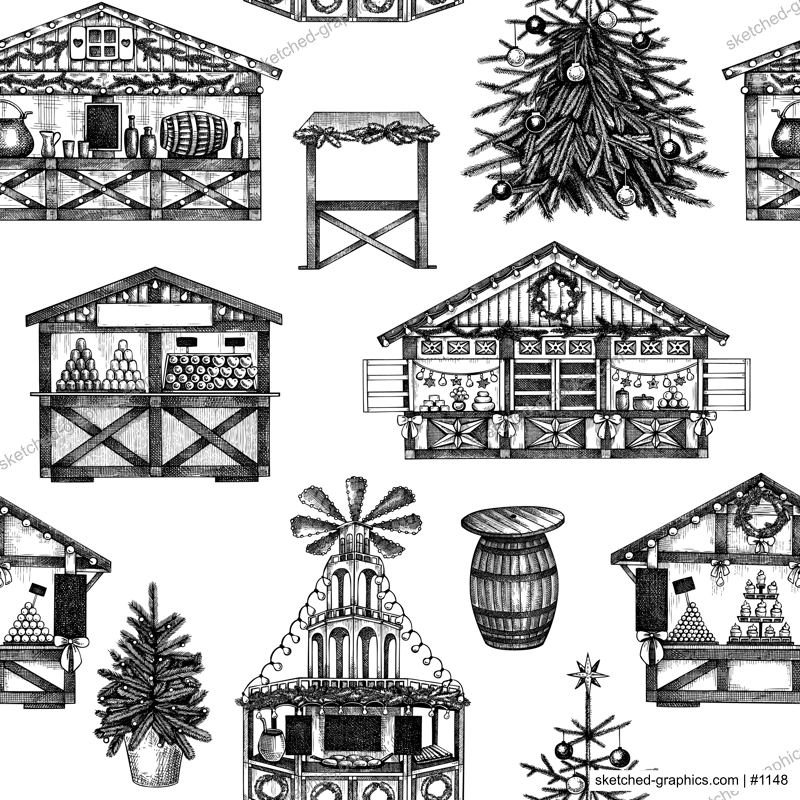 Christmas market stalls background. Hand drawn vector illustration. Winter holiday seamless pattern. Wooden kiosk, Christmas tree, candy shop, bakery, fast food, mulled wine sketches
