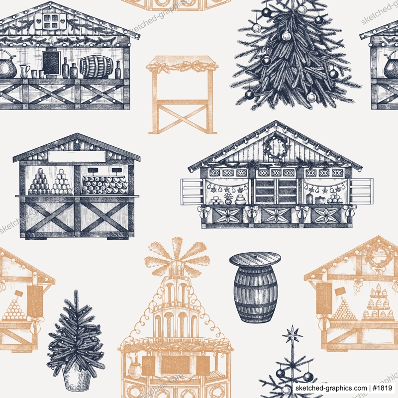 Christmas market stalls background. Hand drawn vector illustration. Winter holiday seamless pattern. Wooden kiosk, Christmas tree, candy shop, bakery, fast food, mulled wine sketches