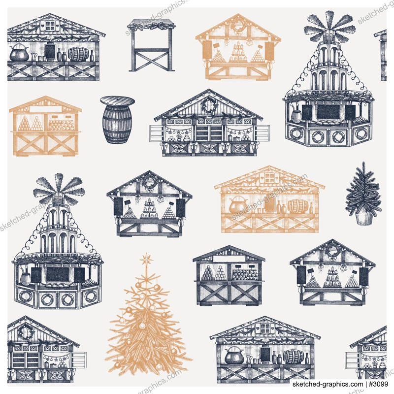 Christmas market stalls background. Hand drawn vector illustration. Winter holiday seamless pattern. Wooden kiosk, Christmas tree, candy shop, bakery, fast food, mulled wine sketches