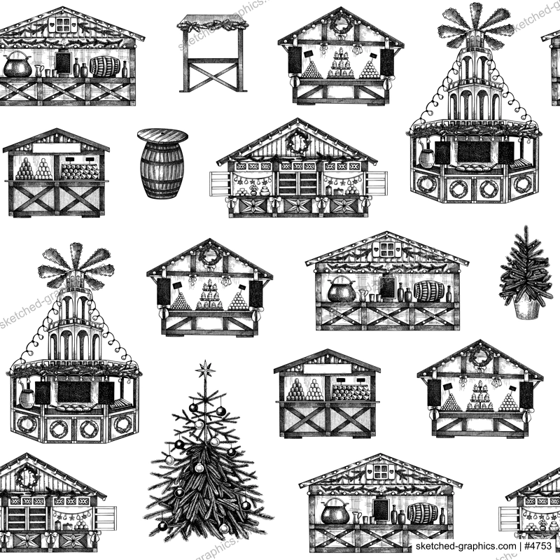 Christmas market stalls background. Hand drawn vector illustration. Winter holiday seamless pattern. Wooden kiosk, Christmas tree, candy shop, bakery, fast food, mulled wine sketches