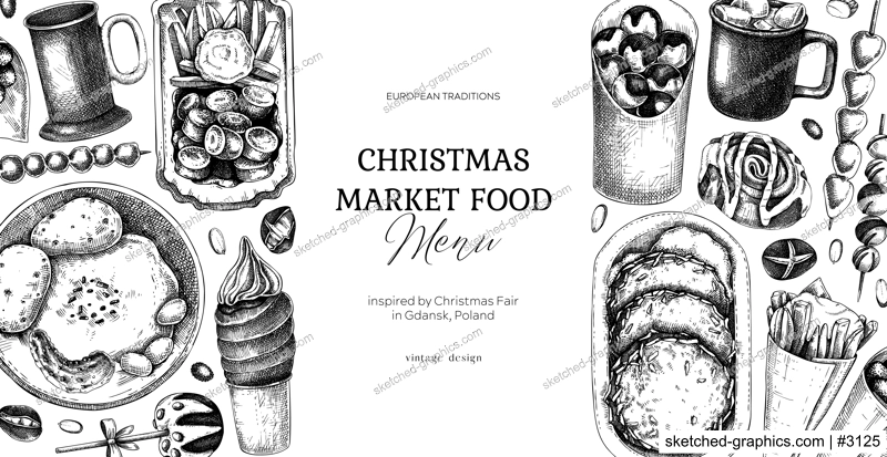 Street food and drink background. Christmas market banner. Pastries, sweets, grilled meat, raclette, hot drinks sketches. Hand-drawn vector illustration. Fast food menu design