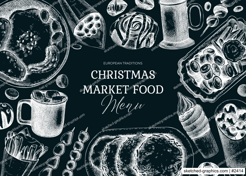 Street food and drink background. Traditional European Christmas market  pastries, sweets, grilled meat, raclette, hot drinks sketches on chalkboard. Hand-drawn vector illustration. Fast food menu 